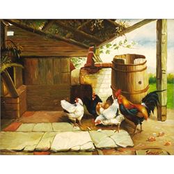 Continental School (20th century): Cockerel and Hens in Yard, oil on panel signed Francia 19cm x 24cm 