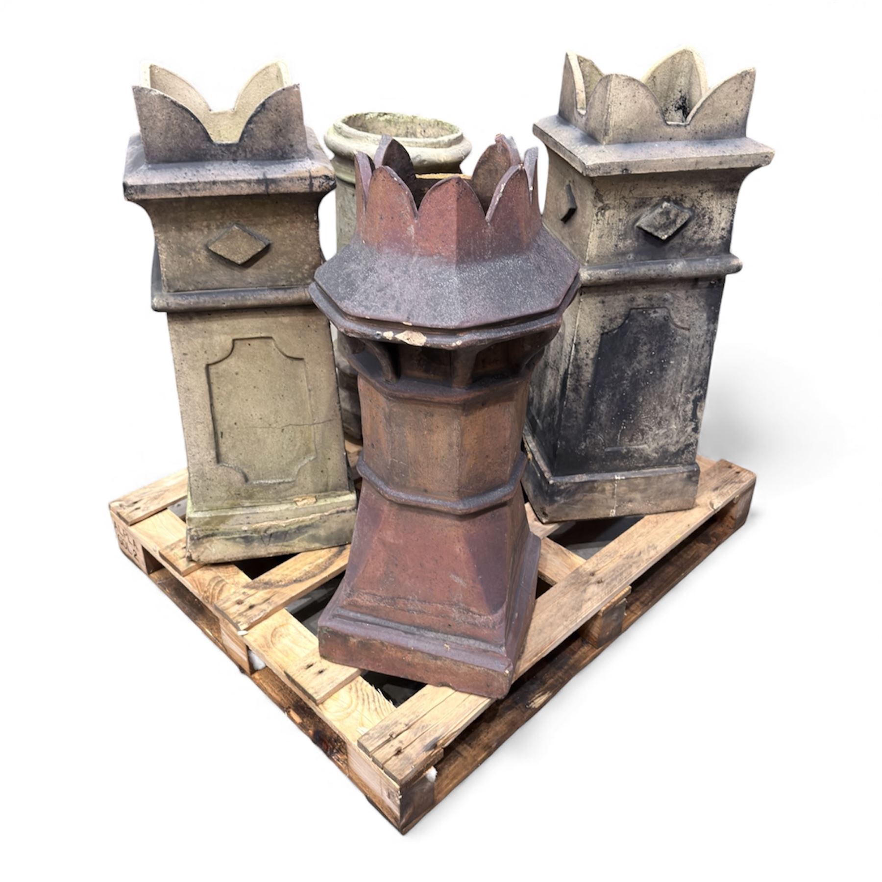 Six reclaimed terracotta / cast stone Chimney pots