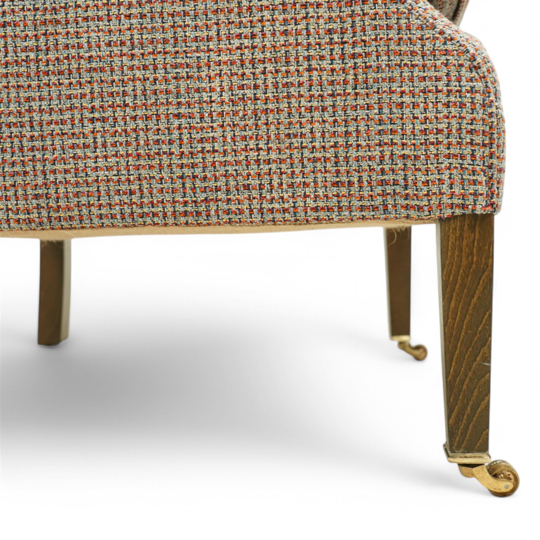 Whitehead designs - Edwardian design 'Tissington' wingback armchair on square tapering feet with castors, upholstered in pink tweed fabric