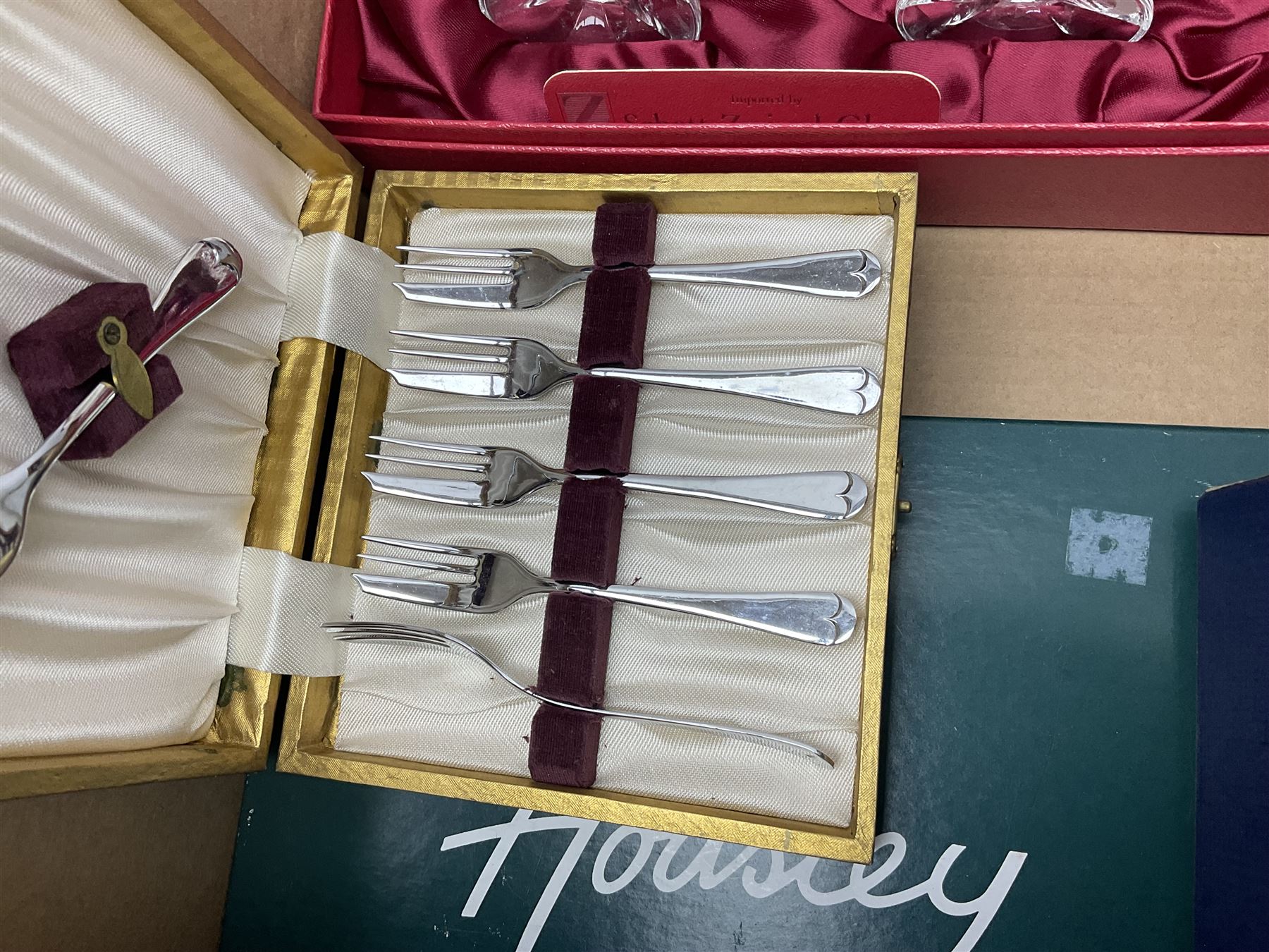 Juliana Treasure trinket, together with Stuart Crystal Redhouse Collection wine glasses, other glasses and flatware, in two boxes