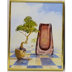 Don Micklethwaite (British 1936-): Glass Vases and Bonsai Trees in Surreal Landscapes, two oils on board signed 40cm x 50cm and 35cm x 27cm (2)