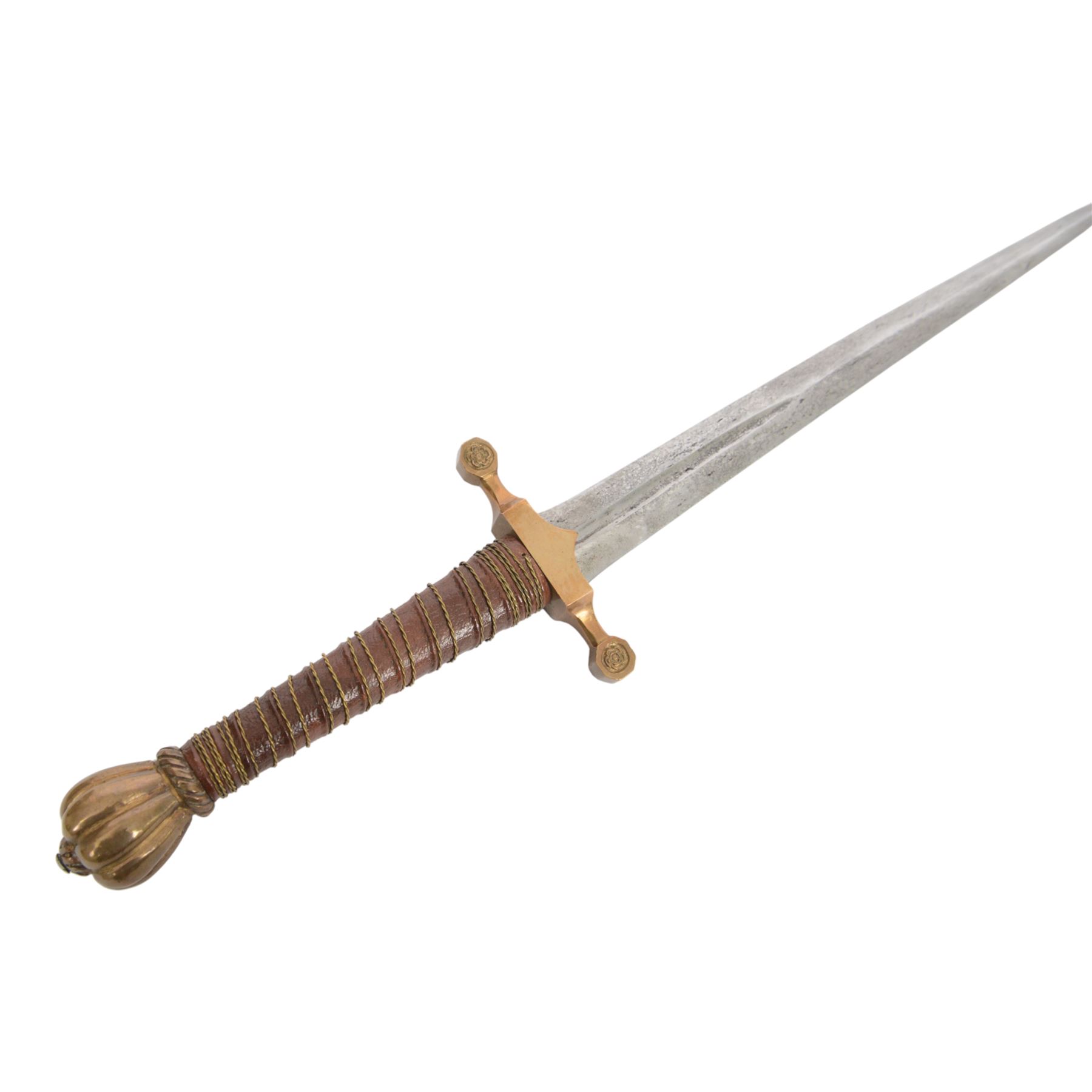 Dagger with brass cross guard and crown finial, within a leather scabbard, together with another knife, dagger L54cm 