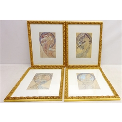  'Poetry', 'Painting', 'Music' and 'Dance 1898', four 20th century colour prints after Alphonse Mucha (Czech 1860-1939) 39cm x 30cm overall 44cm x 35cm in matching gilt frames (4)  