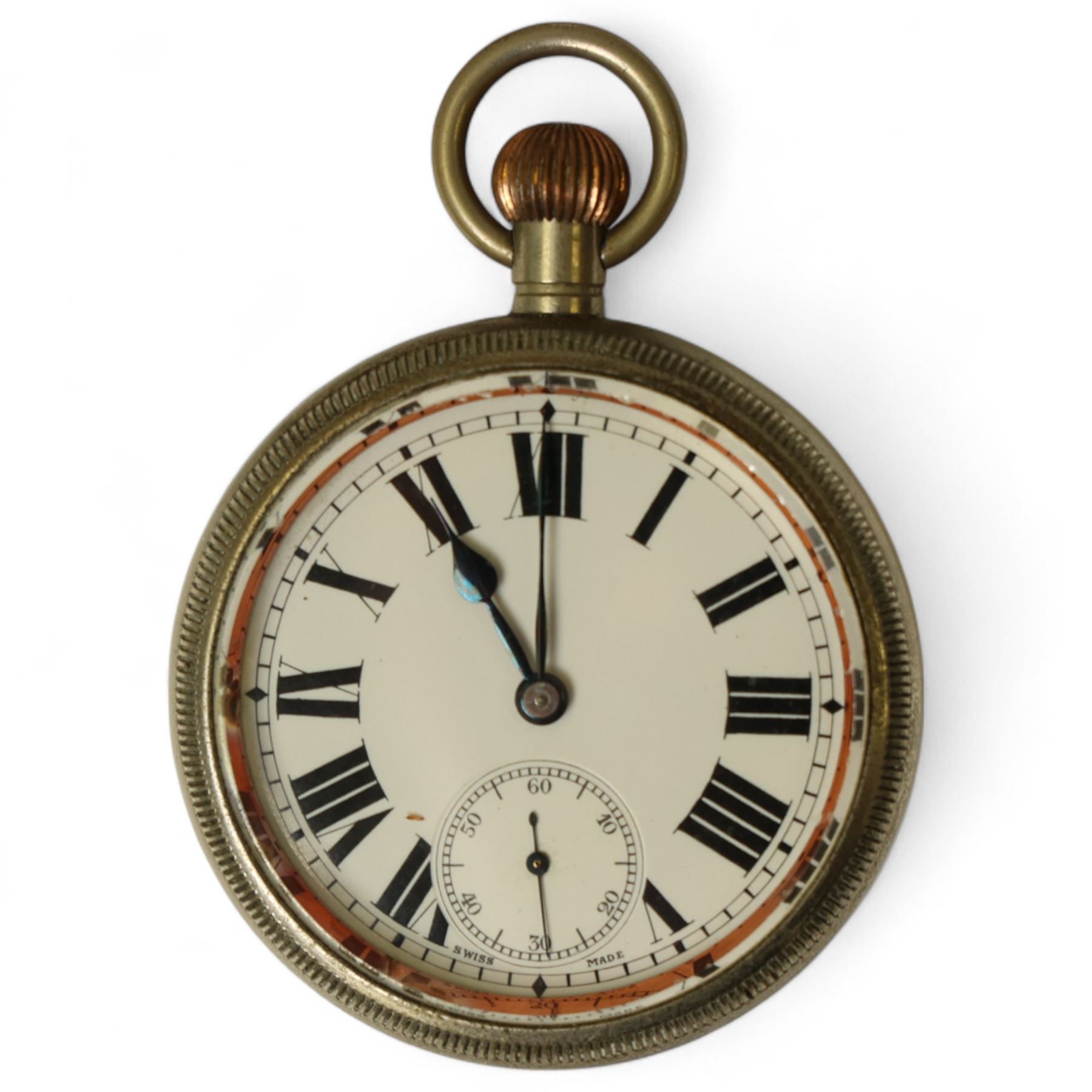 Military issue Royal Navy WWII open face nickle pocket watch, white enamel dial with Roman numerals and subsidiary seconds dial, screw back case markings broad arrow 'PATT. 300 42986'