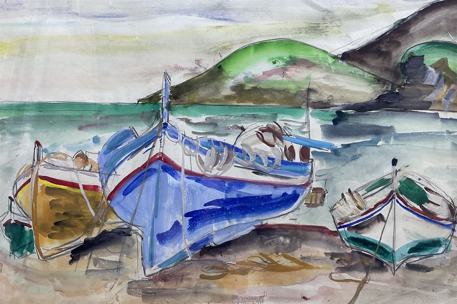 English Impressionist School (20th century): Beached Boats, watercolour and gouache unsigned 31cm x 47cm