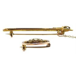 9ct gold and enamel Naval dirk design brooch, Birmingham 1951 and a 9ct gold split pearl and enamel Naval crown brooch, Birmingham 1948