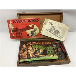 Meccano - quantity of playworn sections in red and green, in scratch-built pitch pine box with 3, 3A and 4A instruction booklets, box L43cm