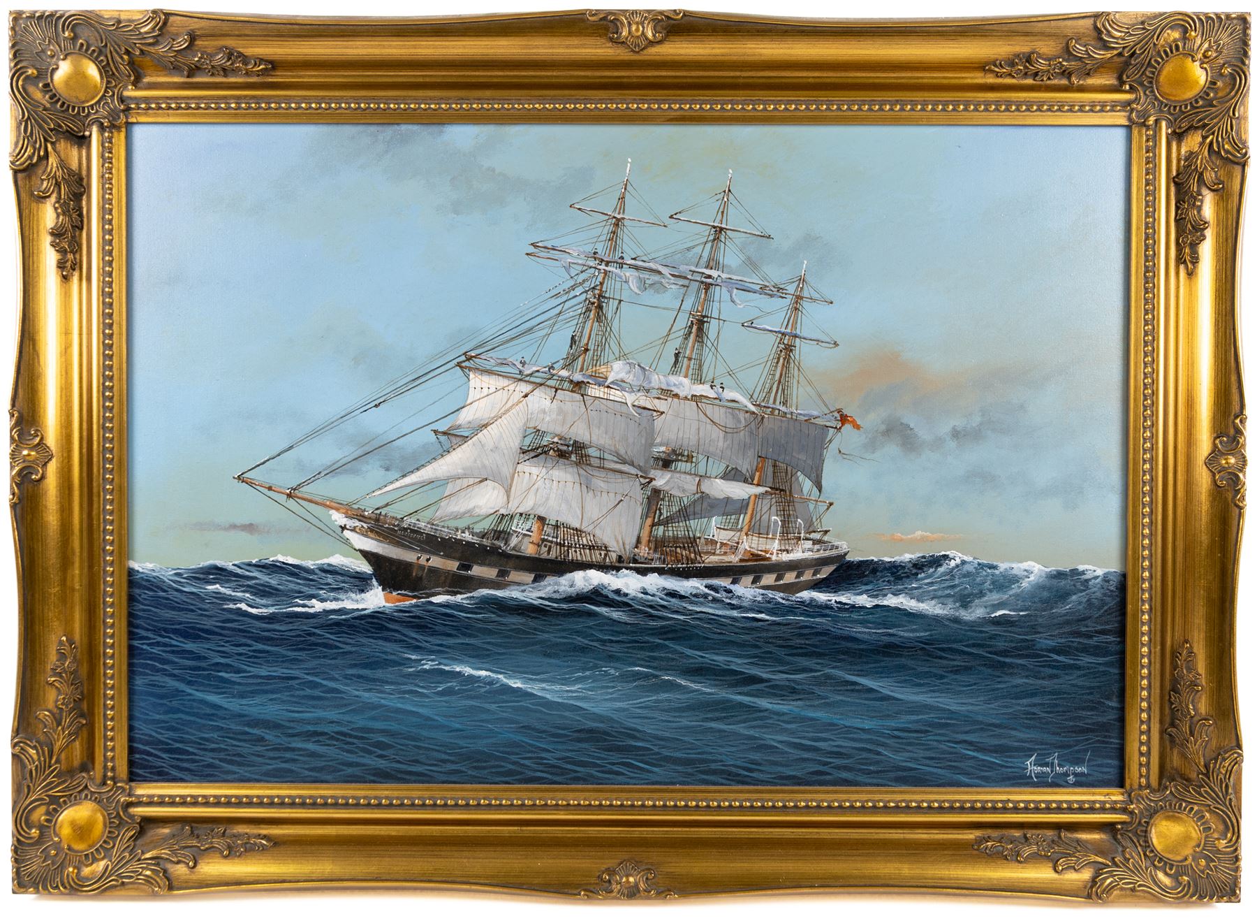Adrian Thompson (British 1960-): The Neotsfield at Sea, oil on canvas signed 49cm x 75cm