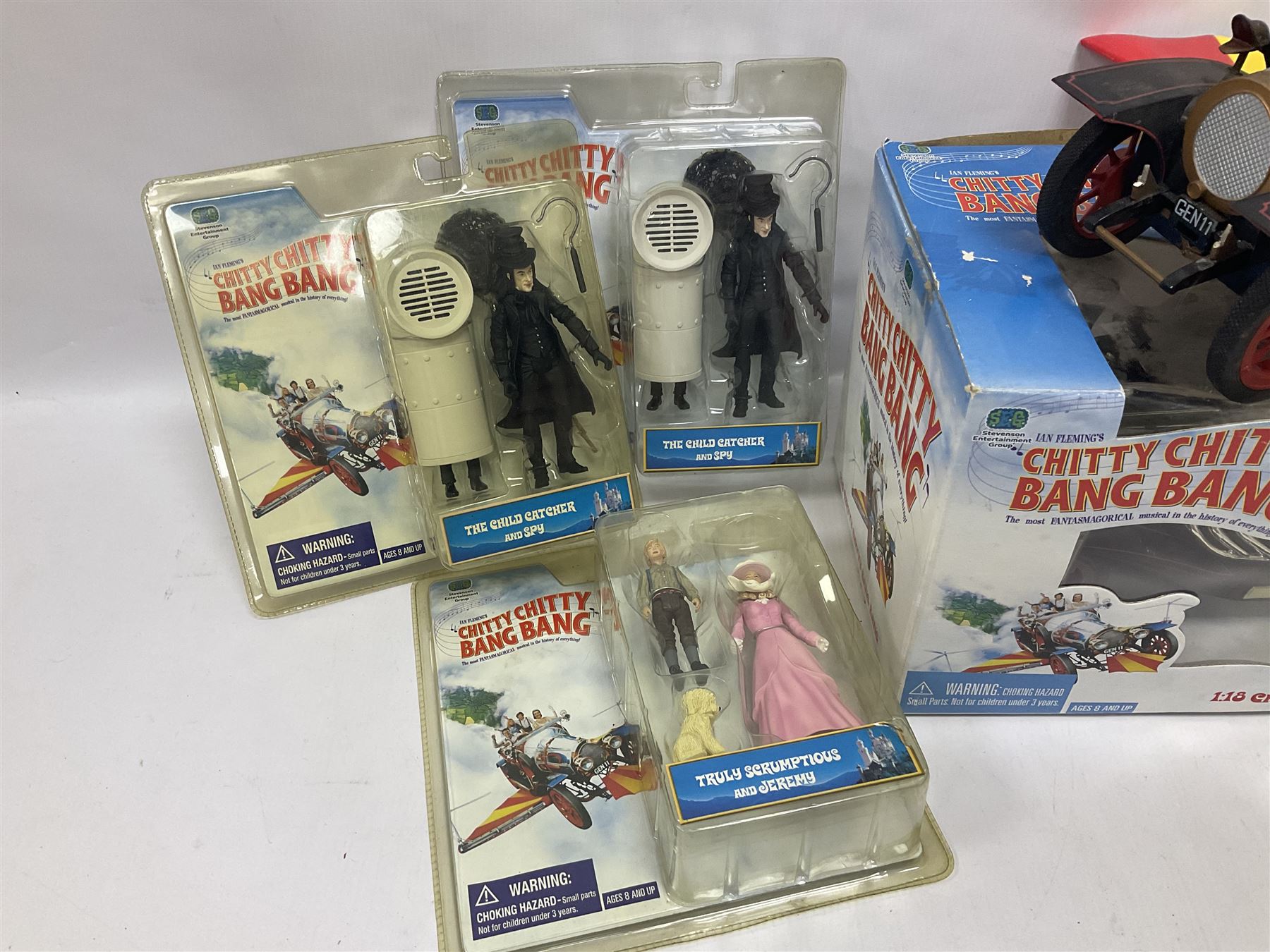Collection of Chitty Chitty Bang Bang figures and model cars both loose and boxed, to include ‘Truly Scrumptious and Jeremy’ blister pack signed by Adrian Hall