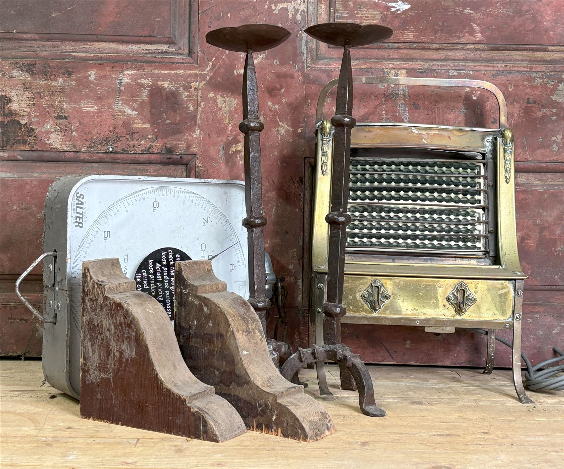 Mixed lot to include; a vintage brass cased electric heater, a large salter hanging scale, a pair of pitch pine wall brackets, and a pair of wrought iron pricket type candle sticks (6) - COLLECTION BY APPOINTMENT FROM: The White House, Thirsk Road, Easingwold, York, YO61 3NF - CALL 01723 507111 TO ARRANGE
