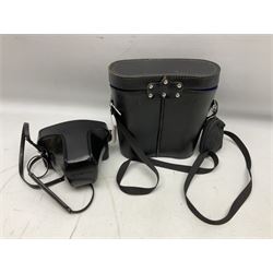 Olympus OM10 35mm camera, cased; pair of USSR 7 x 50 binoculars; cased; and pair of Le Jockey Club Paris binoculars