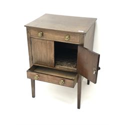 Georgian mahogany night stand, reeded top, two cupboard doors above single drawer, square tapering supports