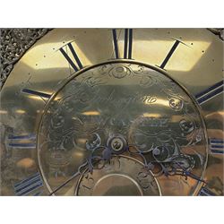 Early 19th century oak longcase clock, projecting cornice over frieze painted with scrolls, square glazed door enclosed by plain pilasters, square brass dial with ornate cast metal spandrels, Roman chapter ring and false subsidiary date aperture, engraved decoration and inscribed 'Torkington, Newcastle', 30-hour movement striking on bell