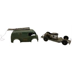 Eight Tri-ang Minic tin-plate/plastic clockwork vehicles comprising Tipper Lorry, Post Office Telephones Van, Caterpillar Tractor, Evening News Van, two Royal Mail Vans, American jeep and saloon car; all unboxed (8)