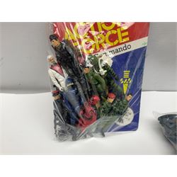 Ten 1980s Action Man Action Force figures with six original card backs; over three-hundred and forty Airfix large scale plastic soldiers; over two-hundred and thirty small scale plastic soldiers; together with accessories including boats, ladder etc