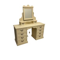 Painted pine twin pedestal dressing table, fitted with eight drawers, with mirror