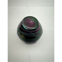 Five Austrian Art Nouveau purple glass vases, to include a Pallme-Konig example, of tapering form with matte vein decoration, and two similar pairs, tallest H16cm