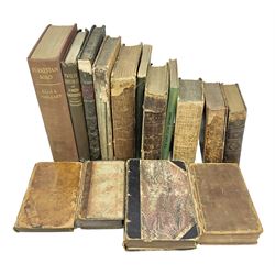 Nine 19th century leather bound books including De L'Action Du Clerge by M. Rubichon. 1929; The Three Musketeers by Alexandre Dumas. 1860; The Drama: or Theatrical Pocket magazine. Volumes 1,2 & 3 1821-22; and six other books including Twelve Centuries of Jewish persecution by Gustav Pearlson. 1898; Fish Stories - A Collection of Angling Yarns etc