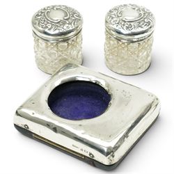 Silver bowl on short pedestal foot D11.5cm, small silver bedside clock case and two glass toilet jars with silver lids