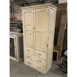 19th century painted pine wardrobe cupboard, fitted with two panelled doors, two short and two long drawers - THIS LOT IS TO BE COLLECTED BY APPOINTMENT FROM THE OLD BUFFER DEPOT, MELBOURNE PLACE, SOWERBY, THIRSK, YO7 1QY