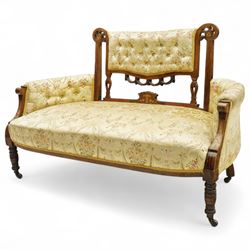 Edwardian inlaid walnut damask upholstered parlour sofa, rectangular button-tufted top rai...