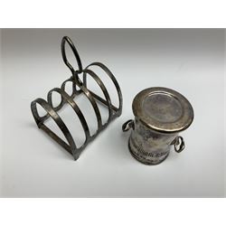 Silver plate six bar toast rack with central loop handle, silver plate cylindrical twin handled vase, various ceramics to include blue and white examples and various moulded glassware in one box