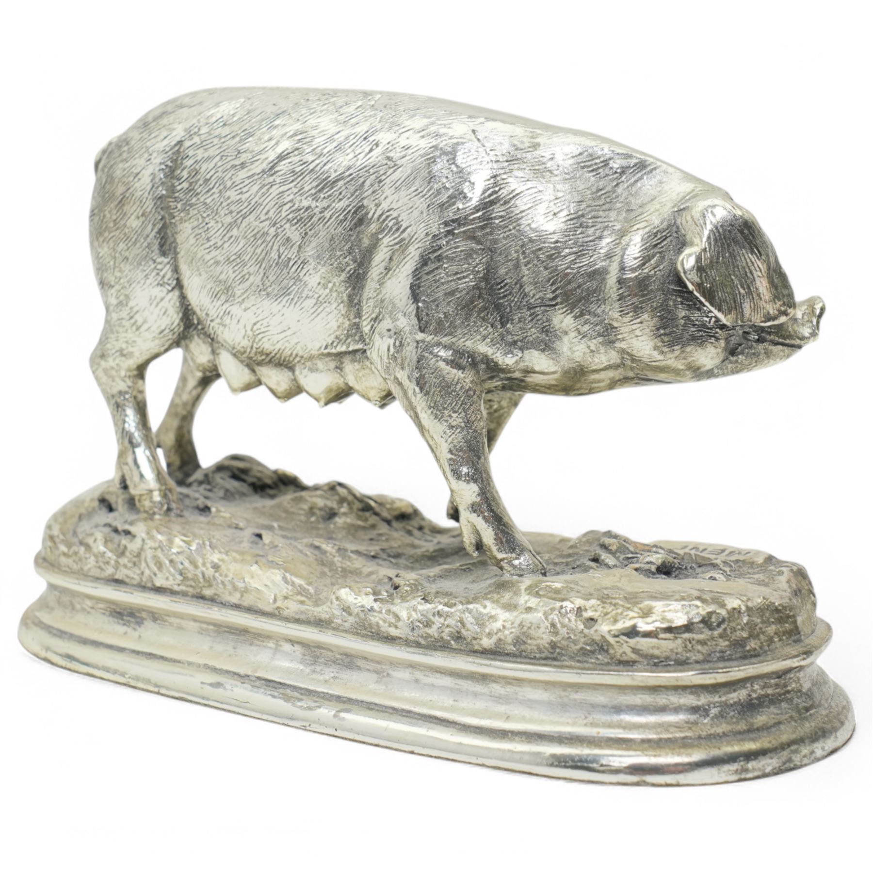 Silvered model of a pig, after Pierre Jules Mene, W21cm