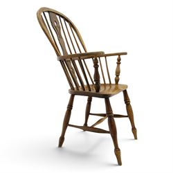 Early 20th century elm and ash high-back Windsor chair, double hoop-and-stick back with pierced and shaped splat, on turned supports joined by H-stretcher