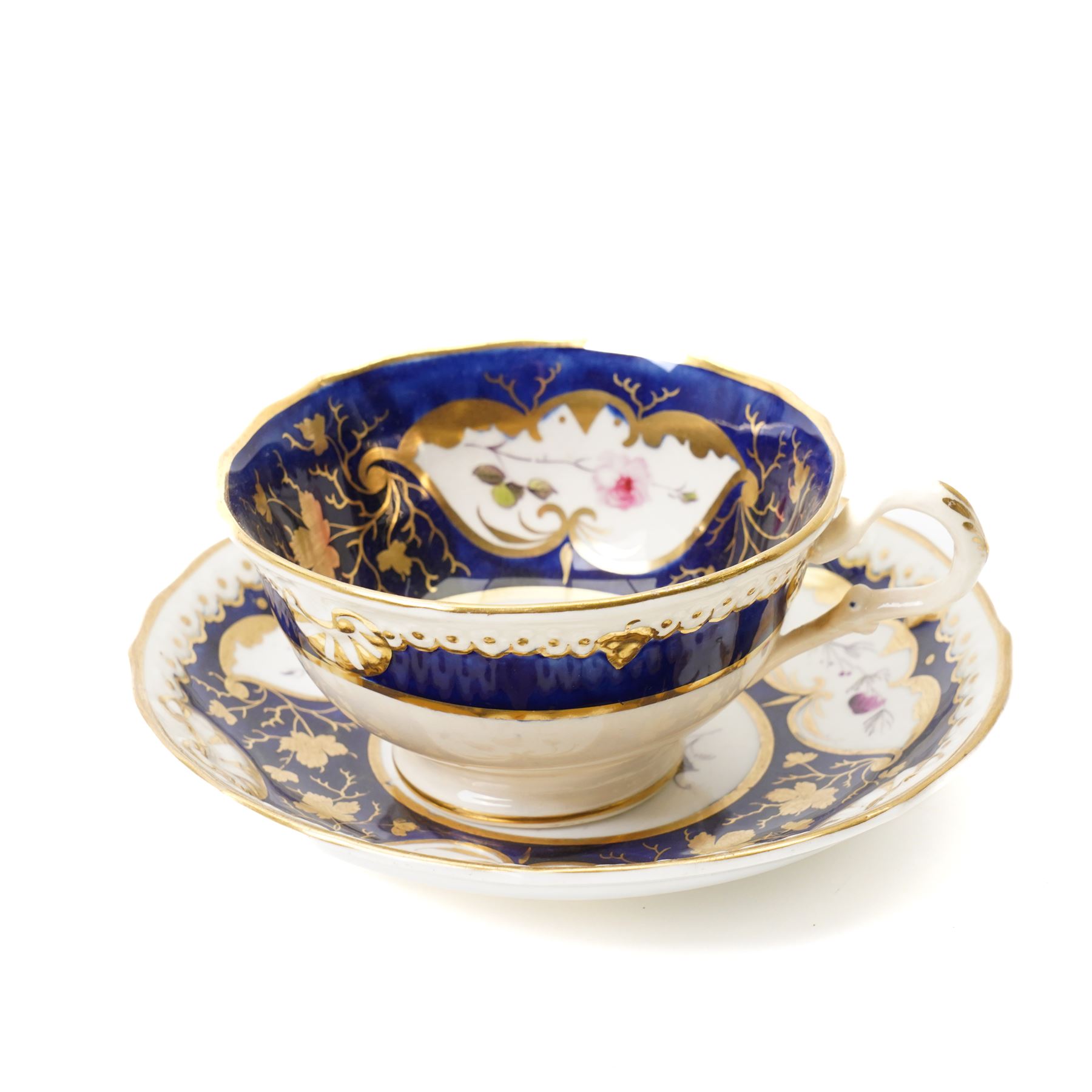 Grainger Lee & Co Worcester teacup, together with a collection of cobalt blue cabinet cups and saucers,  including a Royal Doulton hand-painted example by E Percy, and various others 19th century and later, mostly unmarked (7 pairs)