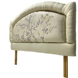 5' Kingsize headboard with stepped arch cresting, upholstered in cream silk with raised stitching decorated with trailing foliage branches and birds; matching bedspread (251cm x 218cm); two matching cushions  