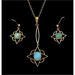 Early 20th century 9ct gold opal pendant, on later gold chain and a pair of matching earrings