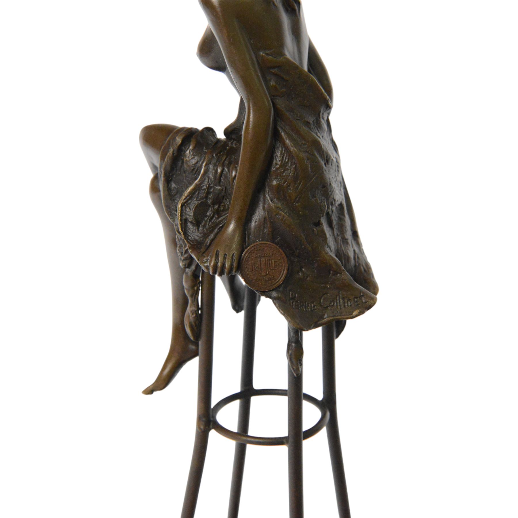 Art Deco style bronze modelled as a semi naked female figure, seated upon a chair, signed  Pierre Collinet, H27cm