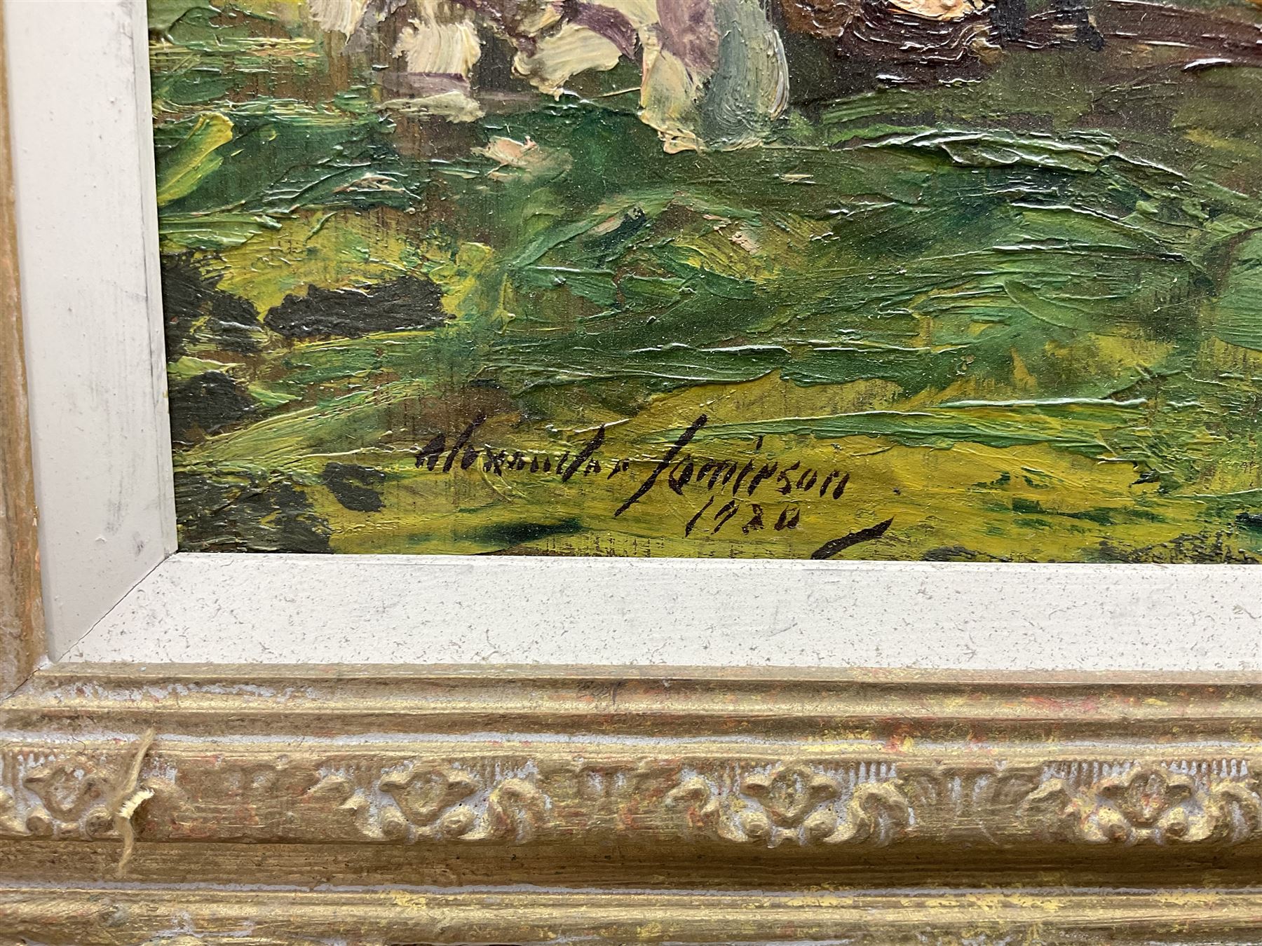 Alexander Jamieson (Scottish 1873-1937): A Summer Farmyard, oil on panel signed and dated 1920, 50cm x 40cm