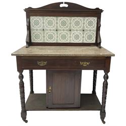 Edwardian walnut washstand, raised tiled back over marble table, fitted with single long drawer over panelled cupboard, on collar turned supports, brass and ceramic castors