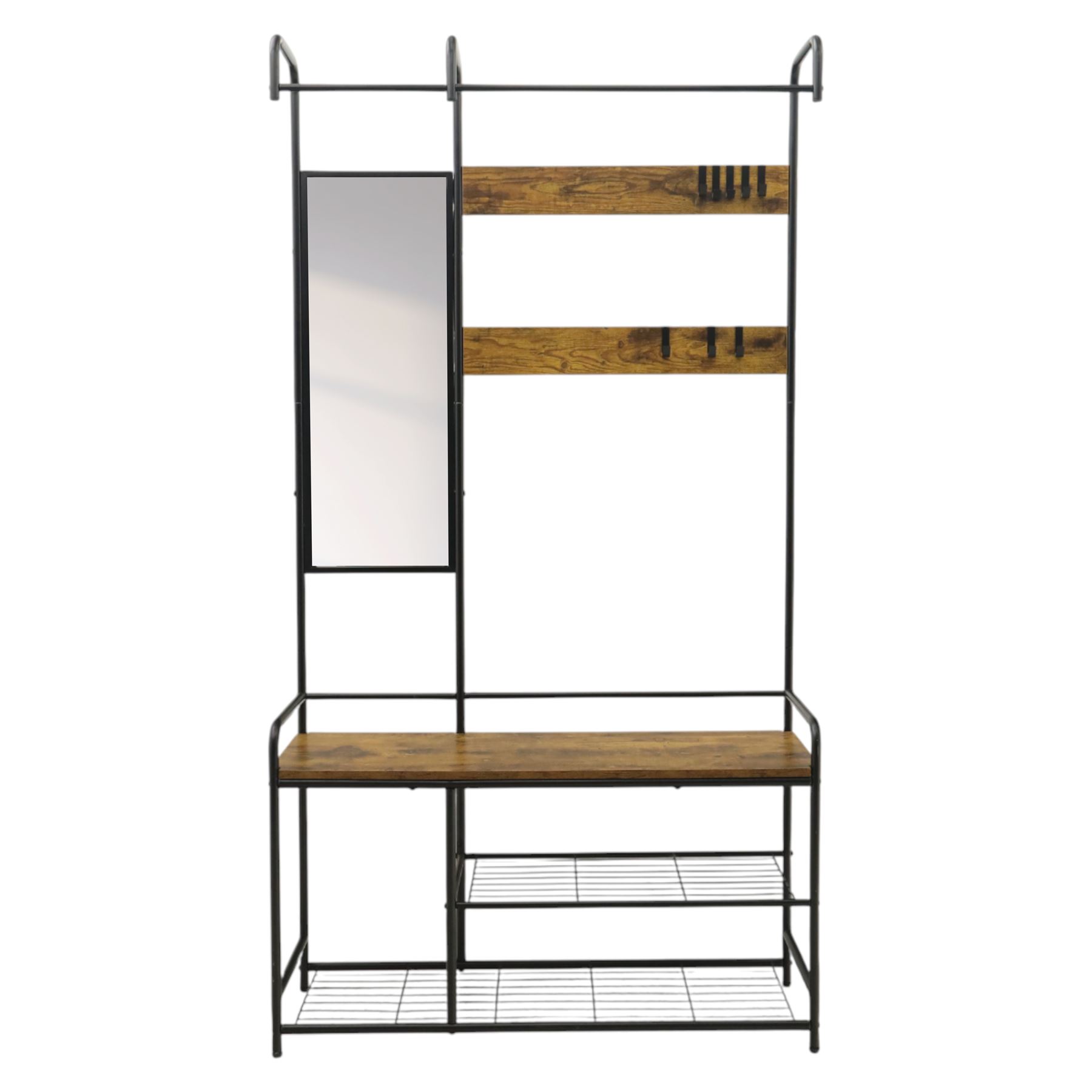 Modern hall stand black and rustic wood veneer, mirrored panel with multiple hooks, wooden veneer seat above shelving for shoes 