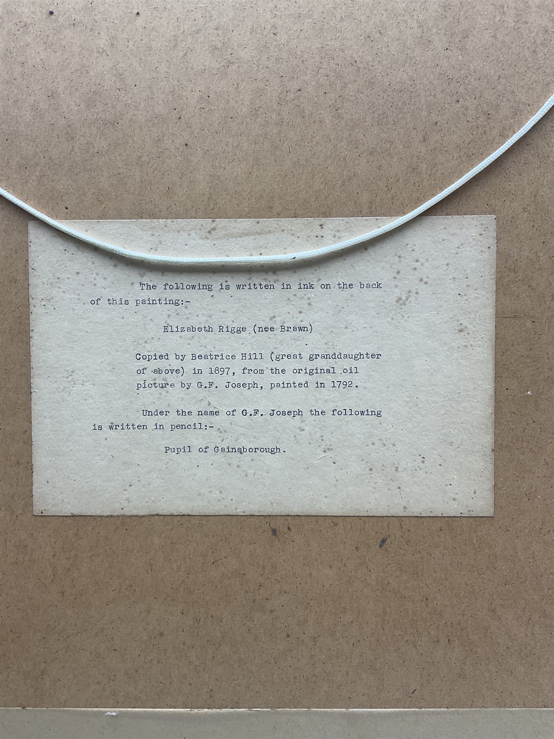 Beatrice Hill (British late 19th/early 20th century) after George Francis Joseph (Irish 1764-1846): Portrait of 'Elizabeth Rigge nee Brawn', inscribed and dated 1897 verso 75cm x 55cm