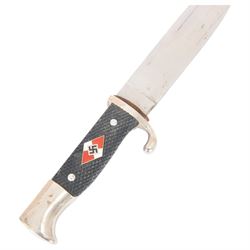 German Third Reich Hitler Youth style dagger, the 14cm blade with indistinct mark to the riccaso, with scabbard and leather, overall L25cm