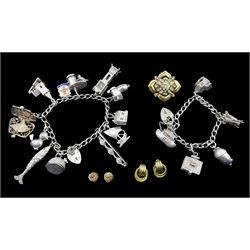 Two silver charm bracelets, charms including picnic basket, squirrel in acorn, honey bee and comb, shoe house, pair of 9ct gold knot stud earrings and costume brooch and earrings  