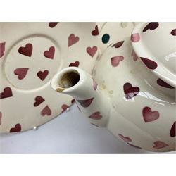 Collection of Emma Bridgewater spongeware ceramics, to include Pink Hearts pattern teapot, milk bottle vase, teacup and saucers, Love & Kisses sugar shaker and large 'I love you more than Marlon Brando' mug, British Birds and Black and White pattern mugs, etc, all with printed marks beneath, tallest H21.5cm