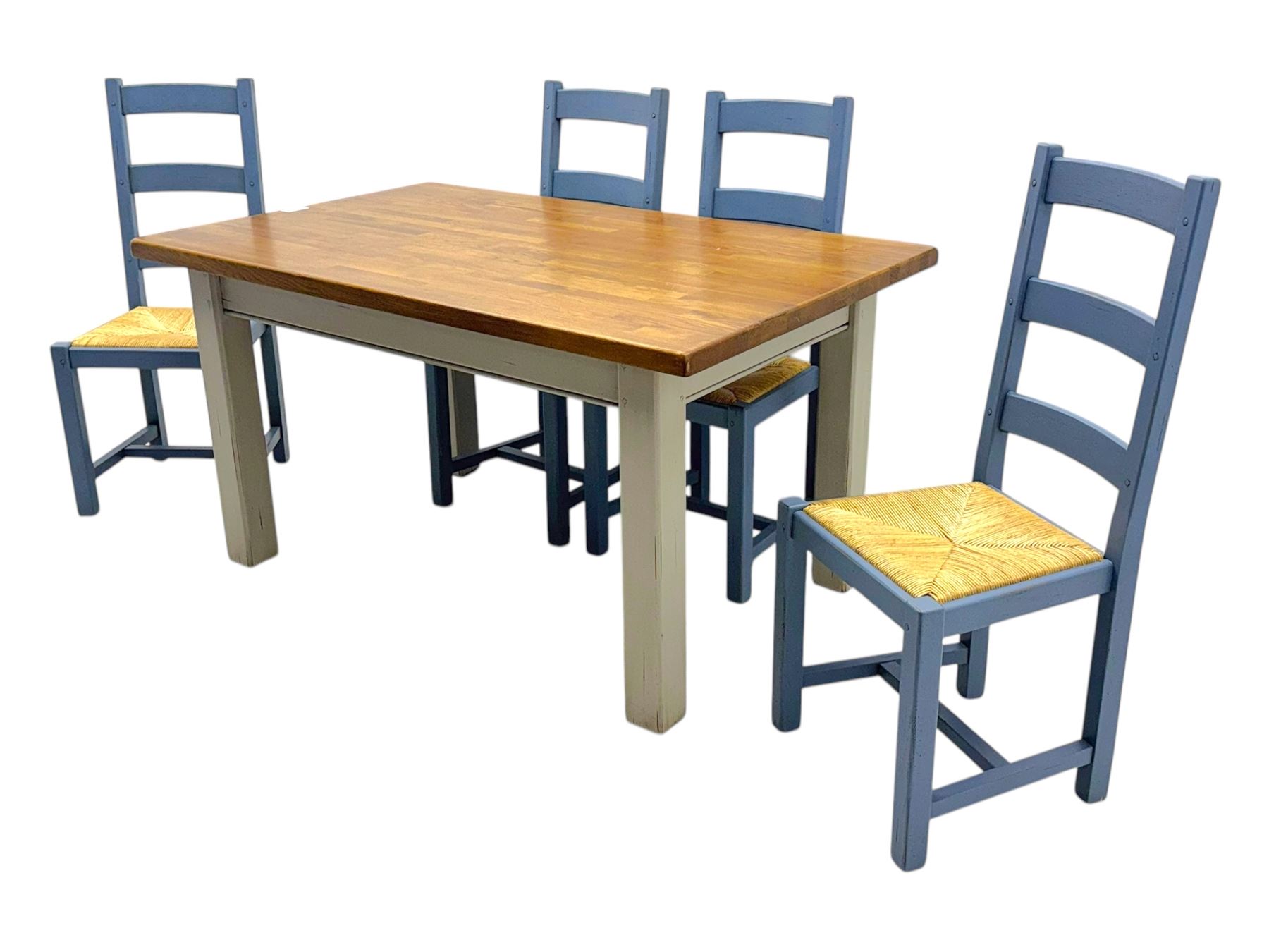 Fired Earth - contemporary kitchen table, rectangular oak parquetry top over four cream painted chamfered square section supports; together with set of four ladderback chairs, each with woven rush seat and lavender-grey painted finish
