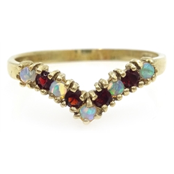  9ct gold opal and garnet wishbone ring, hallmarked  
