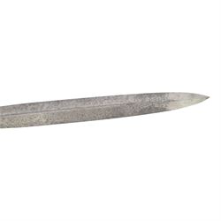 French 1832 Pattern Gladius short sword, the 49cm double edged blade inscribed to the ricasso, cast brass hilt with groove grip and short quillons, brass mounted leather scabbard, scabbard and sword both marked 994, overall L66cm