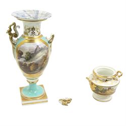 19th century Grainger Lee & Co. Worcester porcelain vase, hand painted with a view of 'Roslin Castle' within a gilt border, having twin scroll handles, marbled interior and square base, H25cm, together with a 19th century pot pourri base, hand painted with a continuous landscape scene, possibly Chamberlain Worcester, H9cm (2)