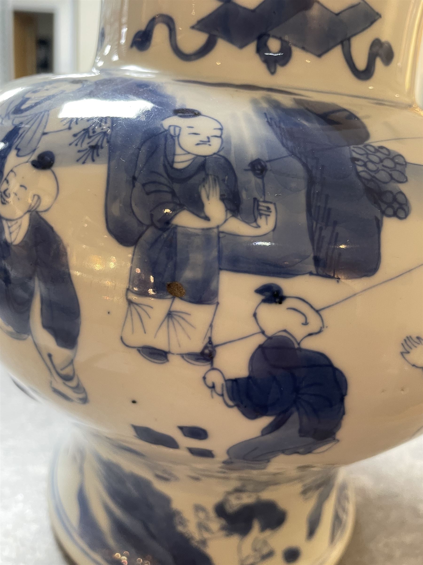 19th century Chinese blue and white jar, of pronounced baluster form, decorated in the Hundred Boys design, with numerous children at play, H23cm

The hundred boys design was a popular theme in Chinese Art employed from the Song period onwards. It expresses the desire to continue the family through male heirs and the performance of filial duties