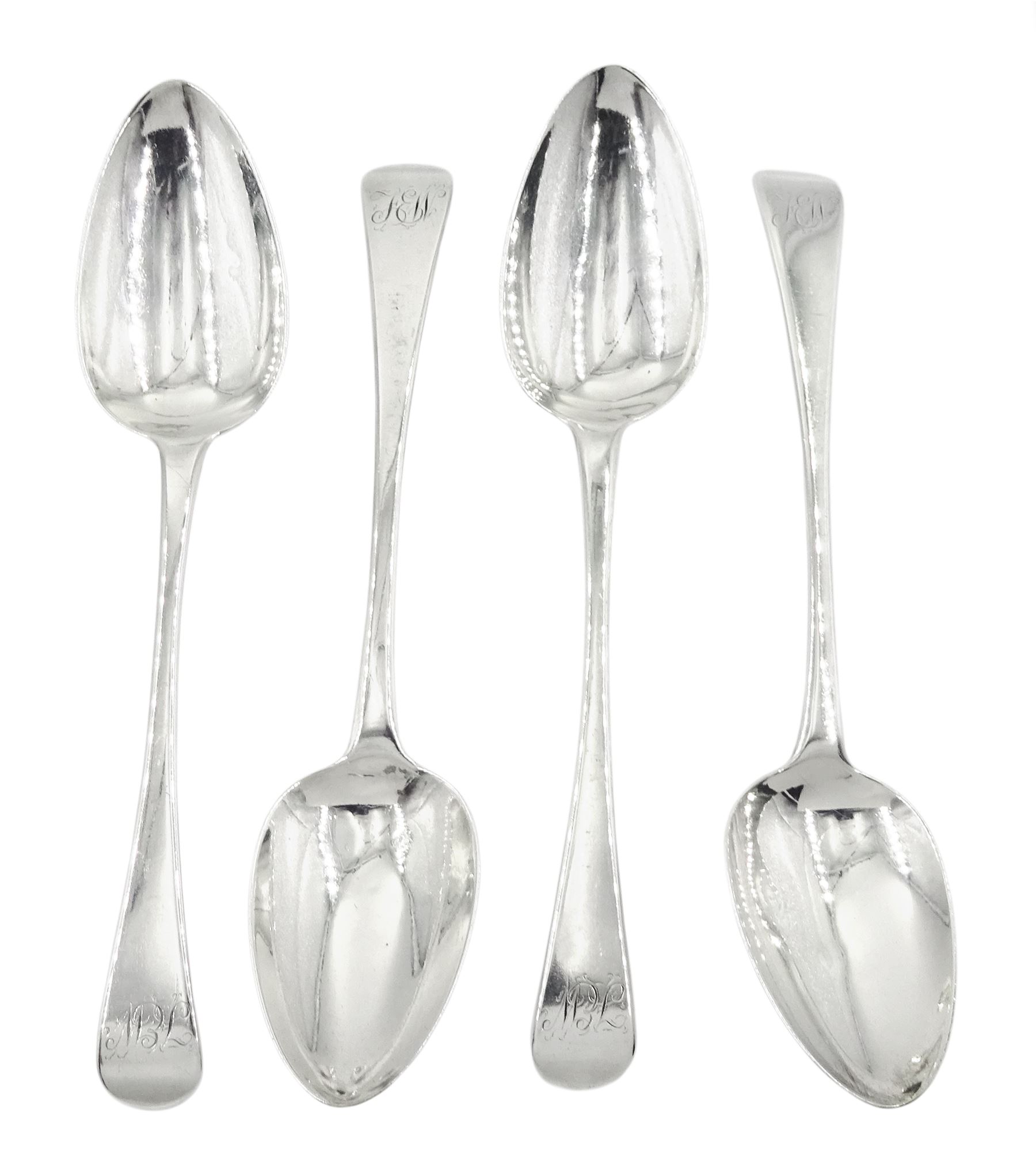 Set of four Georgian silver Old English pattern table spoons with engraved monogram to terminals, hallmarked George Wintle, London 1806, approximate weight 9.77 ozt (304 grams)