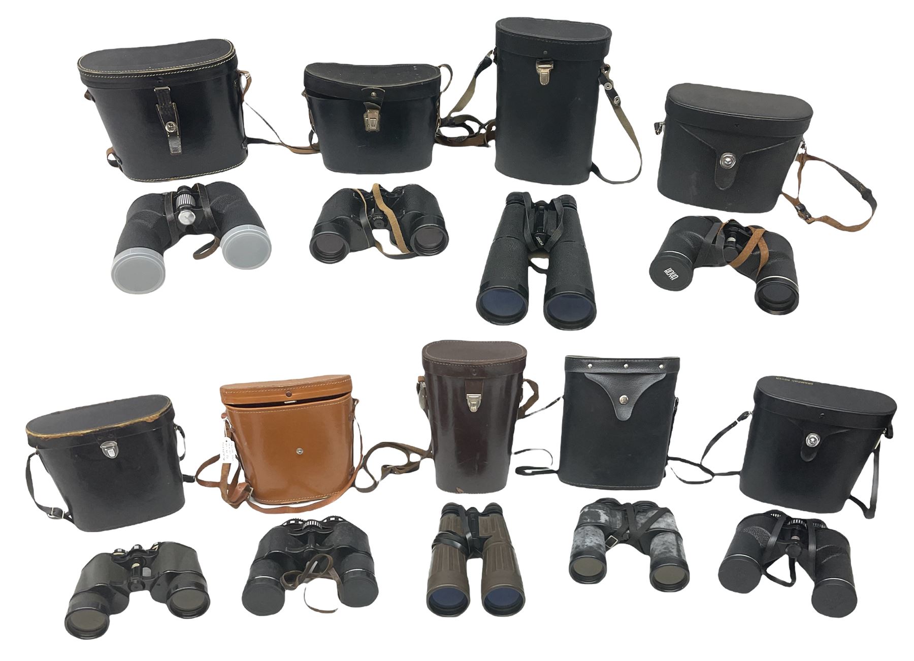 Nine cased pairs of binoculars to include Lieberman & Gortz 12x50, Frank Nipole 8x56, Uniscope, Hoya mark II 8x40, Porst 8x56 etc