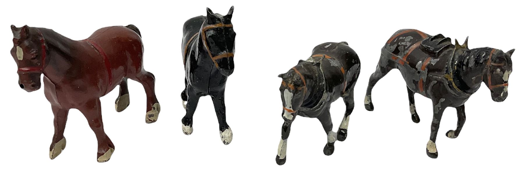 Lead figures by F.G. Taylor, Britains, Johilco, Crescent, Stoddart etc comprising twenty-six horses including three with riders and seven donkeys/ponies; various scales (33)