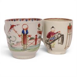 18th/ 19th century chinoiserie decorated porcelain including two New Hall tea bowls and a coffee cup in Boy and the Windmill pattern, Worcester Mandarin coffee cup and Liverpool tea bowl 