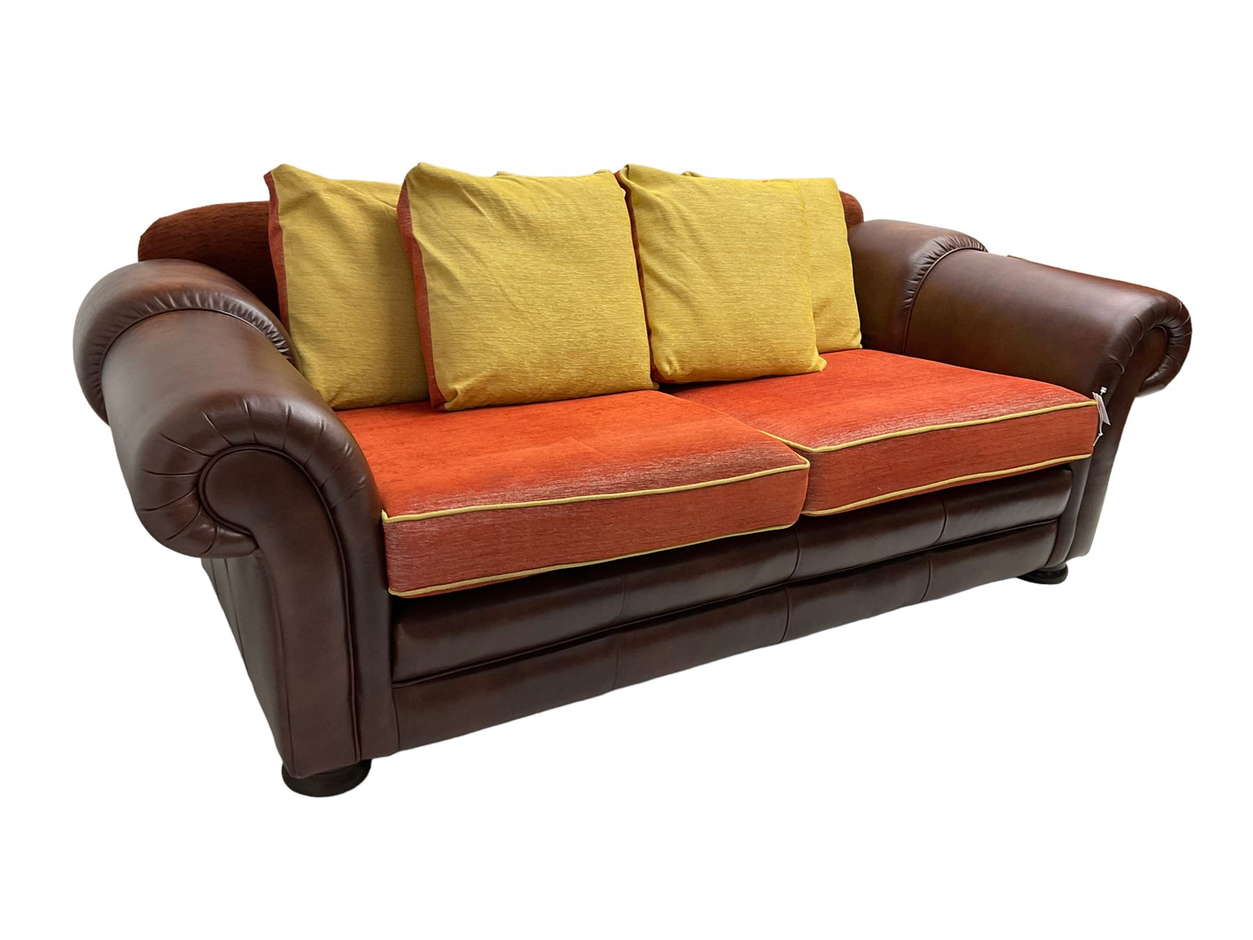 Gainsborough Lounge Suites - three piece leather and fabric lounge suite - pair two seat sofas (W225cm, H82cm, D105cm), and matching armchair (W88cm), on turned front feet with scatter cushions