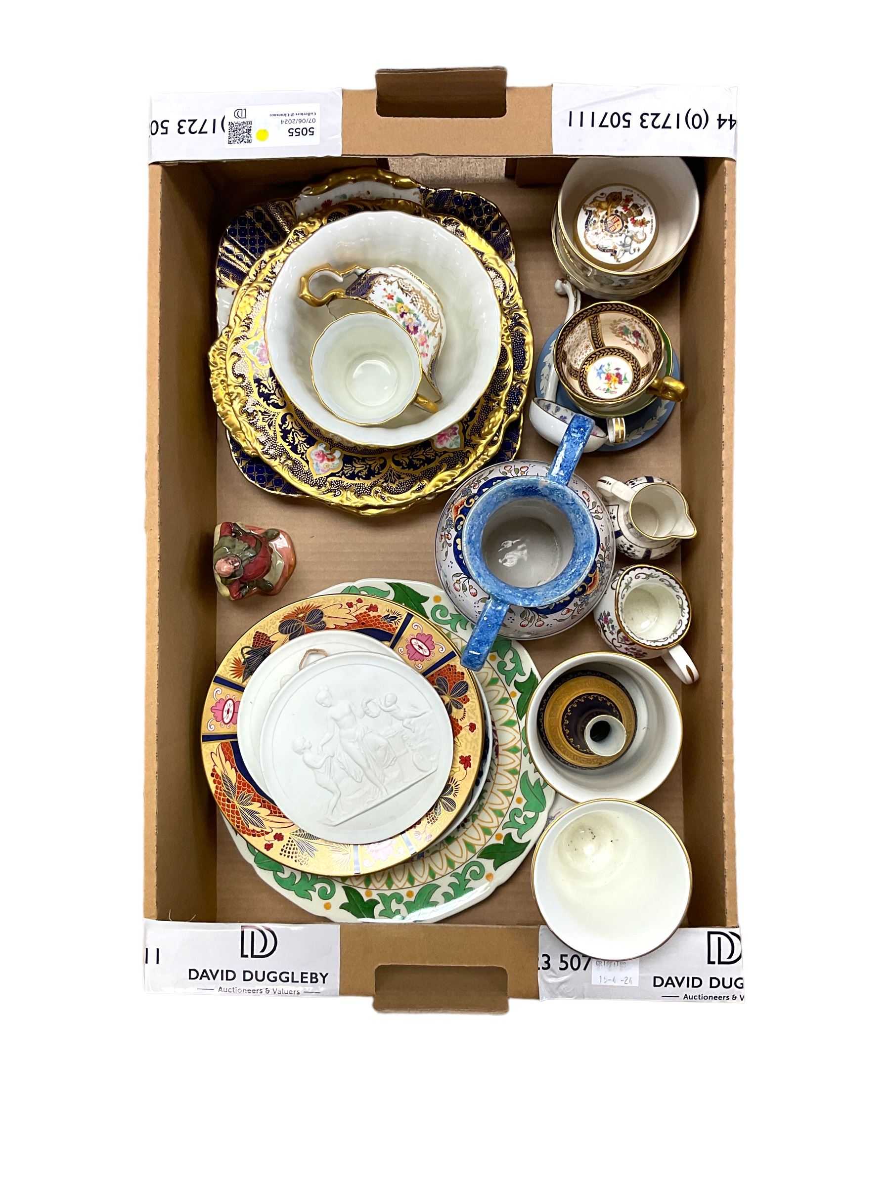 Assorted ceramics to include pair of Royal Copenhagen white bisque plaques decorated with classical scenes, D13.5cm, various tea wares to include Wedwood examples, Royal Worcester Lord Nelson anniversary collection plate, Rouen fiance twin handles, vase, etc., in one box